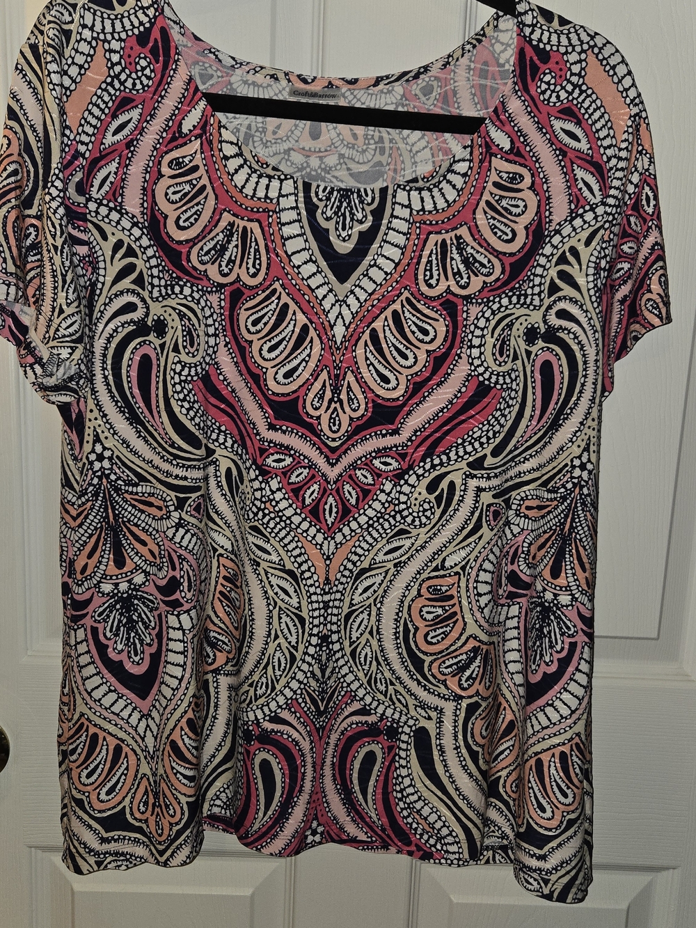 croft & barrow Pink and Black Paisley Scoop Neck Short Sleeve Top